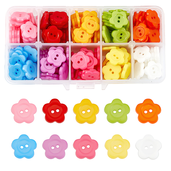 10 Colors Acrylic Sewing Buttons for Costume Design, Plastic Buttons, 2-Hole, Dyed, Flower Wintersweet