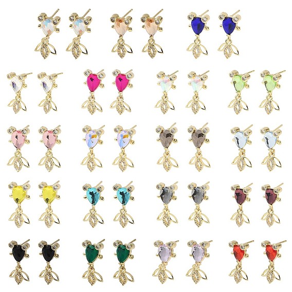 Серьги-гвоздики в форме рыбок из латуни с микропаве из кубических цирконий, со стеклом, стойки покрытие, золотые