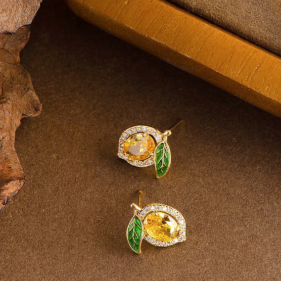 Серьги-гвоздики из лимонной латуни с кубическим цирконием, с эмалью, золотые