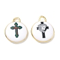 Printed Brass Pendants, Flat Round & Cross Pattern Charms, Rack Plating, Long-Lasting Plated, Lead Free & Cadmium Free, Real 18K Gold Plated