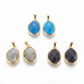 Natural Gemstone Pendants, with Golden Tone Brass Findings, Faceted, Bean Shape