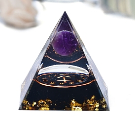 Orgonite Pyramid Resin Energy Generators, Reiki Round Natural Amethyst & Obsidian Chip Inside for Home Office Desk Decoration