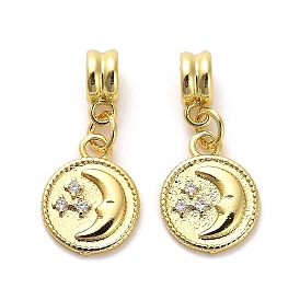 Rack Plating Brass Micro Pave Cubic Zirconia Charms, Long-Lasting Plated, Lead Free & Cadmium Free, Flat Round with Moon & Star