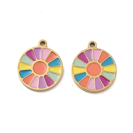 Ion Plating(IP) 316 Surgical Stainless Steel Charms, Nickel Free, with Rainbow Color Enamel, Flat Round Charms, Real 18K Gold Plated