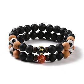 2Pcs Buddhist Natural Mixed Stone and Wood Beads Stretch Bracelets Set for Women Men, with Coconut Beads