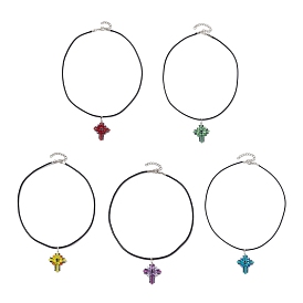 Colliers à pendentif en verre électrolytique transparent, avec perles de rocaille et cordon en simili cuir, croix