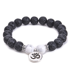 Black Lava Stone Bracelet with Lotus OM Charm - Yoga Beaded Stretch Bracelet for Men and Women (10mm)