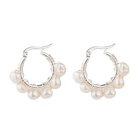 Boucles d'oreilles créoles perlées enveloppées de fil de perles naturelles pour femmes, argenterie