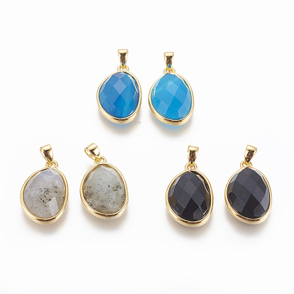 Natural Gemstone Pendants, with Golden Tone Brass Findings, Faceted, Bean Shape