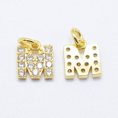Brass Micro Pave Grade AAA Cubic Zirconia Charms, Letter M, Cadmium Free & Nickel Free & Lead Free