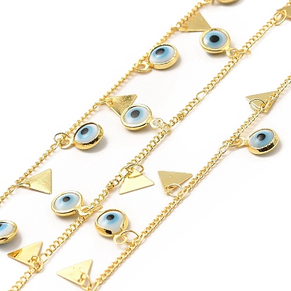 Brass Curb Chains, with Light Sky Blue Enamel Evil Eyes & Triangle Charms, Soldered, with Spool
