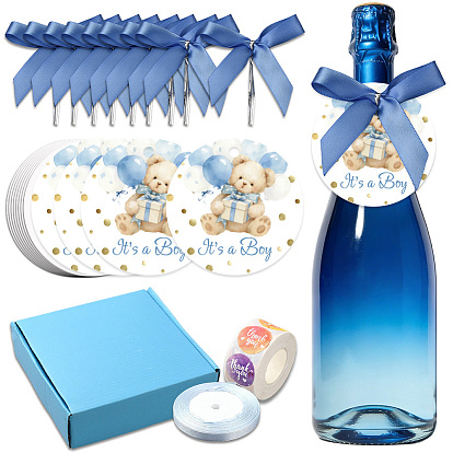 DIY Wine Glass Decoration Findings, 100Pc Polyester Packaging Ribbon Bows, 1 Roll Polyester Ribbon, 1 Roll Paper Self-Adhesive Stickers, 100Pcs 300G Coated Paper Wine Glass Charms