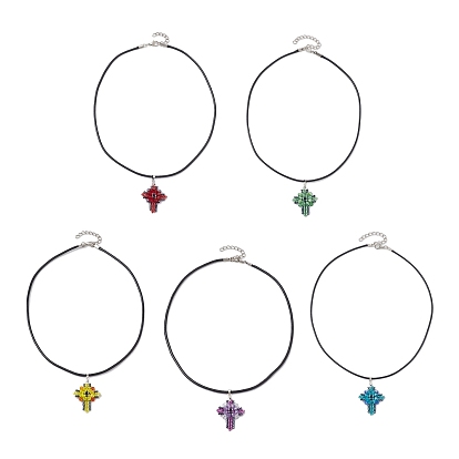 Transparent Electroplate Glass Pendant Necklaces, Seed Beads  Pendant Necklaces, Imitation Leather Cord, Cross