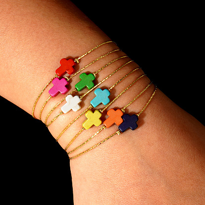 Синтетические бирюзовые браслеты из бисера, 304 браслеты из нержавеющей стали с цепочками Boston Link для женщин, крестик