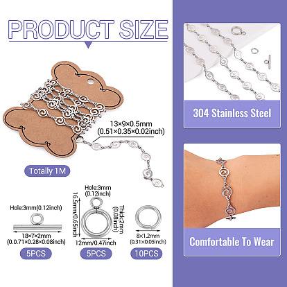 Kits para hacer collares/pulseras de cadena, incluyendo 1m 304 cadenas de eslabones de anillo de acero inoxidable, 5 Conjuntos de cierres de palanca, Anillos del salto 10pcs