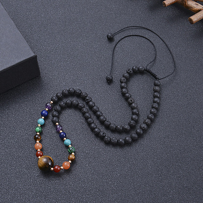 Natural 6mm Seven Chakra Stone Yoga Necklace with Volcanic Beads and Tassel for Women