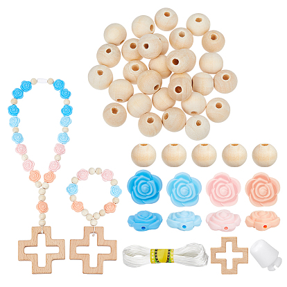 DIY Wood Cross Pendants Making Kits, include 40Pcs 4 Colors Silicone Beads, 5Pcs Plastic Breakaway Clasps, 1 Bundle Nylon Thread