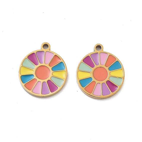 Ионное покрытие (ip) 316 хирургические брелоки из нержавеющей стали, без никеля , с эмалью цвета радуги, плоские круглые прелести, реальный 18 k позолоченный