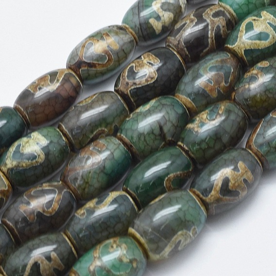 Tibetan Style dZi Beads Strands, Natural Agate Beads, Dyed & Heated, Rice