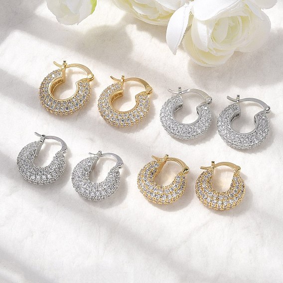 Латунные плоские круглые серьги-кольца с микропаве из прозрачных кубических цирконий, без кадмия и без свинца, стойки покрытие, долговечный