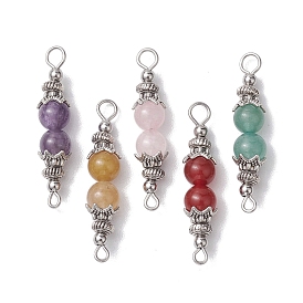 Natuarl Mixed Gemstone Round Beaded Connector Charms, with Tibetan Style Bead Caps, Mixed Dyed & Undyed