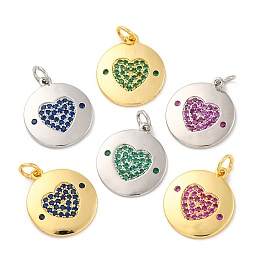 Brass Micro Pave Cubic Zirconia Pendants, Long-Lasting Plated, Lead Free & Cadmium Free, Round with Heart