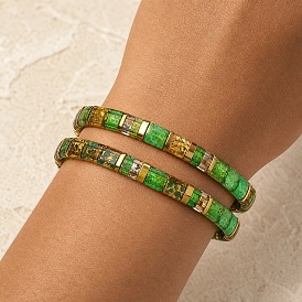 Summer Glass and Synthetic Non-magnetic Hematite Tile Beaded Stretch Bracelet Sets for Women, Adjustable Stackable Bracelets, Golden