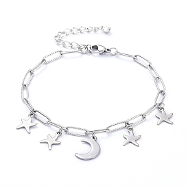 304 bracelets de charme d'acier inoxydable, avec des chaînes de trombones, fermoirs à pince de homard et pendentifs en laiton strass, lune et étoiles
