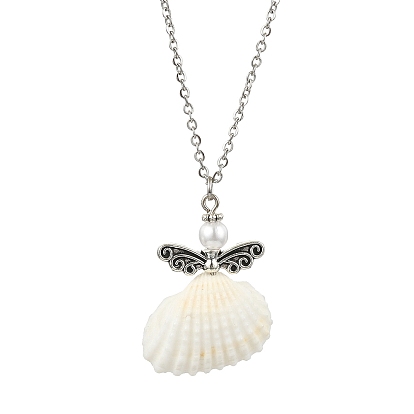 Natural Shell Fairy Pendant Necklace, with 304 Stainless Steel Cable Chains