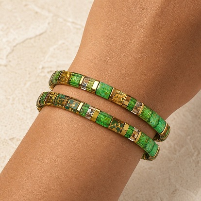 Summer Glass and Synthetic Non-magnetic Hematite Tile Beaded Stretch Bracelet Sets for Women, Adjustable Stackable Bracelets, Golden