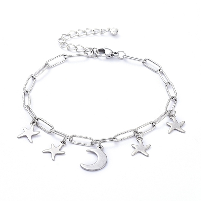 304 Stainless Steel Charm Bracelets, with Paperclip Chains, Lobster Claw Clasps and Brass Rhinestone Pendants, Moon & Star