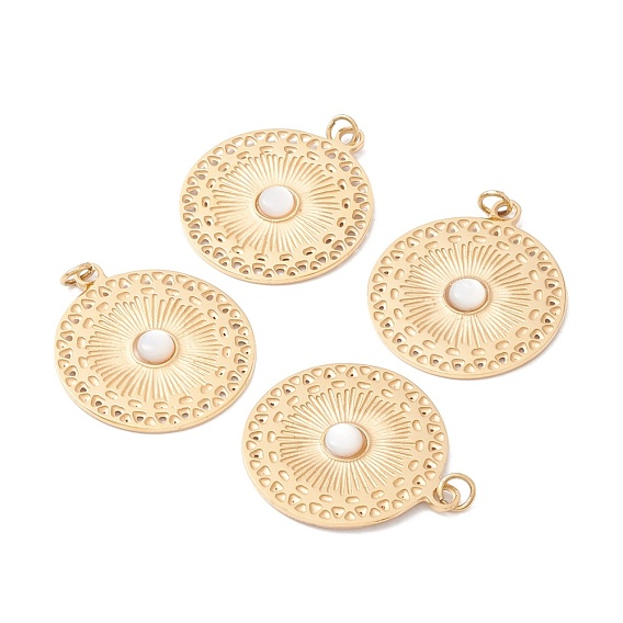 White Shell Pendants, with Ion Plating(IP) Golden Tone 304 Stainless Steel Findings, Flat Round