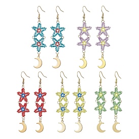 Star Glass Seed Beaded Dangle Earrings for Women, with Moon 201 Stainless Steel Charms, Golden