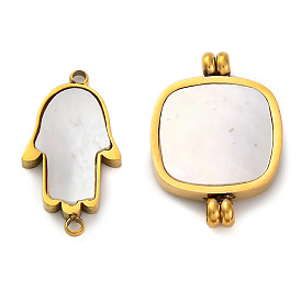 Ion Plating(IP) 304 Stainless Steel Pave Natural Shell Connector Charms, Real 18K Gold Plated, Square/Hamsa Hand