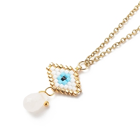 Natural Rose Quartz Teardrop with Japanese Seed Evil Eye Pendant Necklace, Golden 304 Stainless Steel Jewelry for Women