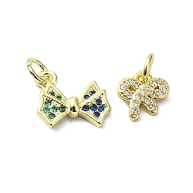 Brass Micro Pave Cubic Zirconia Pendants, with Jump Ring, Real 18K Gold Plated, Bowknot Charm