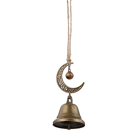 Iron Bell Pendant Decoration, Alloy Moon and Jute Cord for Home Door Hanging Ornaments