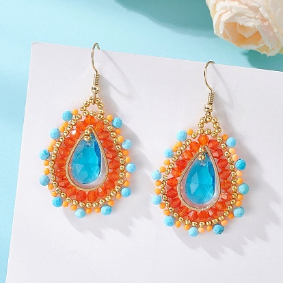 Серьги-подвески в форме капли, выполненные из бисера и стекла., с драгоценным камнем и 304 крючками для сережек из нержавеющей стали, золотые