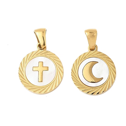 304 ожерелья с плоским круглым кулоном из натуральной белой ракушки из нержавеющей стали, ионное покрытие (ip), золотые