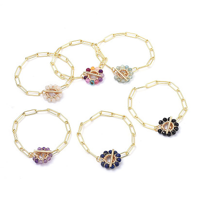 Латунные браслеты скрепки, с бусинами из натуральных драгоценных камней и 304 застежками из нержавеющей стали, реальный 18 k позолоченный