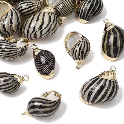 Brass & Natural Shell Pendants, Conch Shape Charms, with Golden Plated Edge