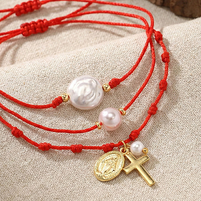 Браслеты с имитацией жемчуга и латунными подвесками, плетеные браслеты из нейлоновой нити для женщин, крест и девственница