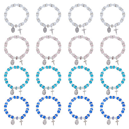 12шт. 4 стили браслетов из сплава овальной формы и креста с подвеской в виде Иисуса, эластичные браслеты из стеклянных, пластиковых и стразовых бусин для женщин
