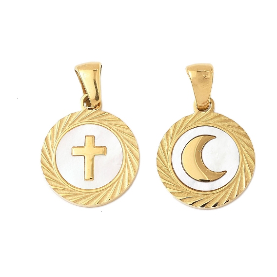 304 ожерелья с плоским круглым кулоном из натуральной белой ракушки из нержавеющей стали, ионное покрытие (ip), золотые