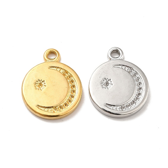 Ion Plating(IP) 304 Stainless Steel Pendant Rhinestone Settings, Flat Round with Star & Moon