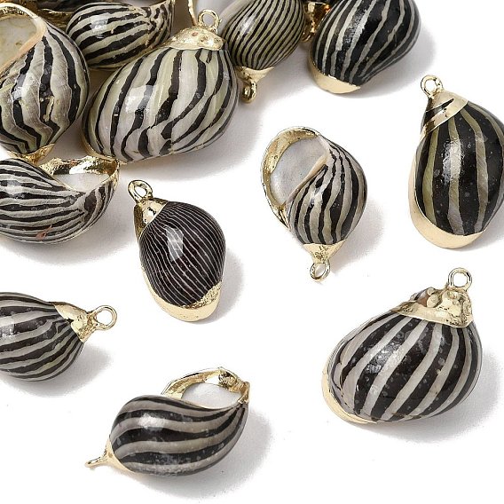 Brass & Natural Shell Pendants, Conch Shape Charms, with Golden Plated Edge