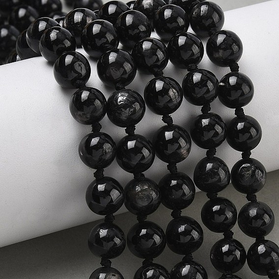 Нити бусин из натуральной черной серебряной яшмы, круглые