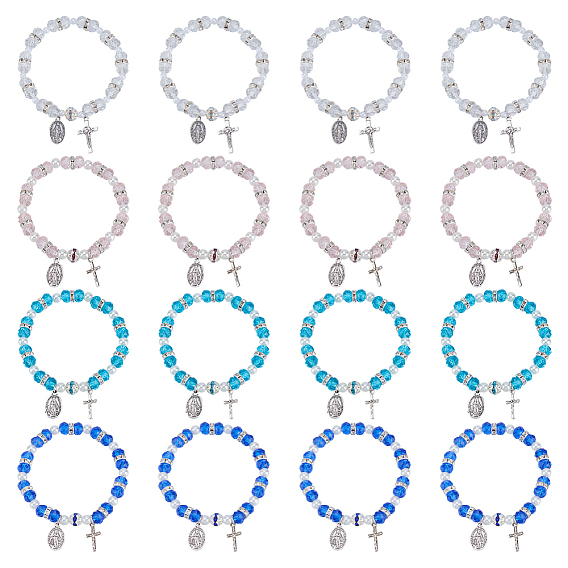 12шт. 4 стили браслетов из сплава овальной формы и креста с подвеской в виде Иисуса, эластичные браслеты из стеклянных, пластиковых и стразовых бусин для женщин