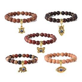 Bracelets de perles de bois, alliage hibou/toitorse/éléphant/oeil/papillon bracelets à breloques pour femme