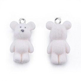 Opaque Resin Pendants, with Platinum Tone Iron Loops, Flocky Bear Charms